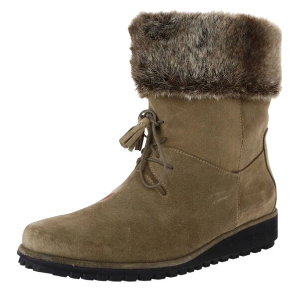 Stuart Weitzman Sockette Boots Taupe Mid-Calf Suede Faux Fur Lining Tassel 8 - Picture 1 of 9